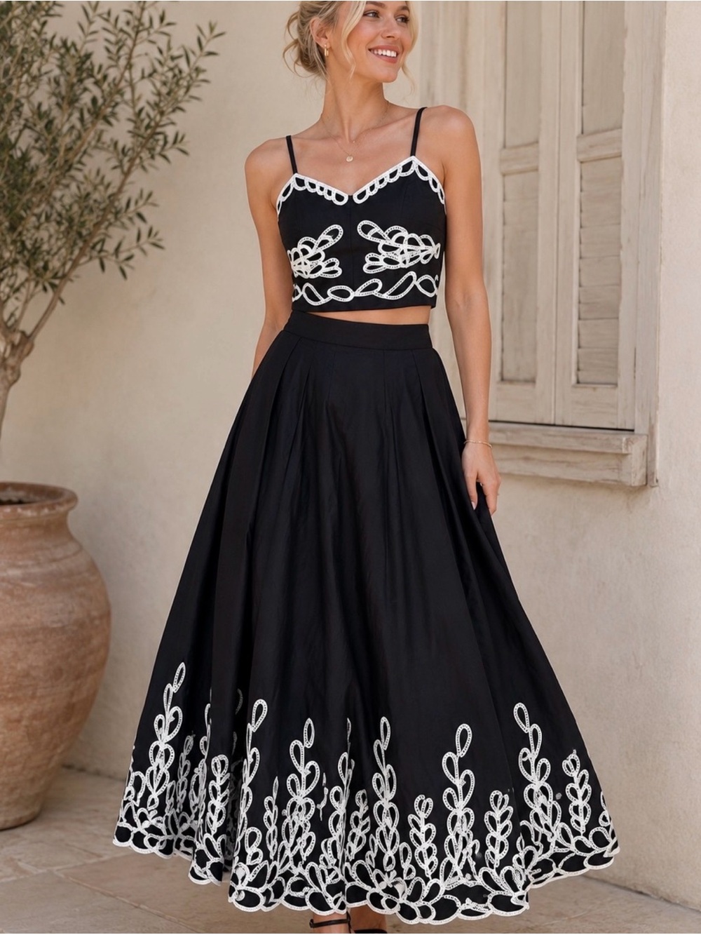 Jason Wu 2 Piece Black Embroidered Halter Top w/Skirt Embroidered Hem Motif
